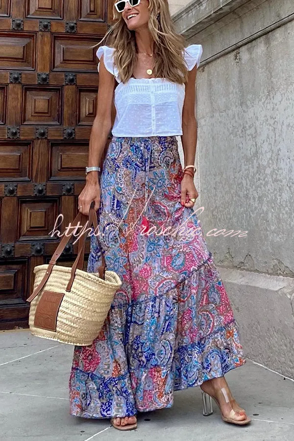 Audrina Bohemian Print Elastic Waist Tassel Maxi Skirt