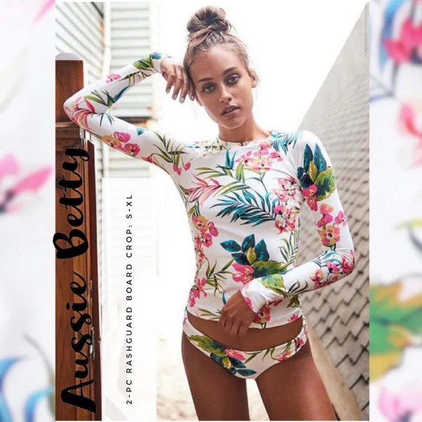 Aussie Betty UPF Board Crop 2-pc swimsuit S - XL longsleeve rashguard padded top   bikini surf bottom white pink turquoise blue reef florals