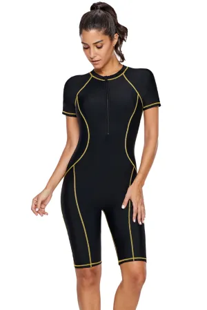 Black Seam Contoured Zip Front Short Sleeve One Piece Wetsuit