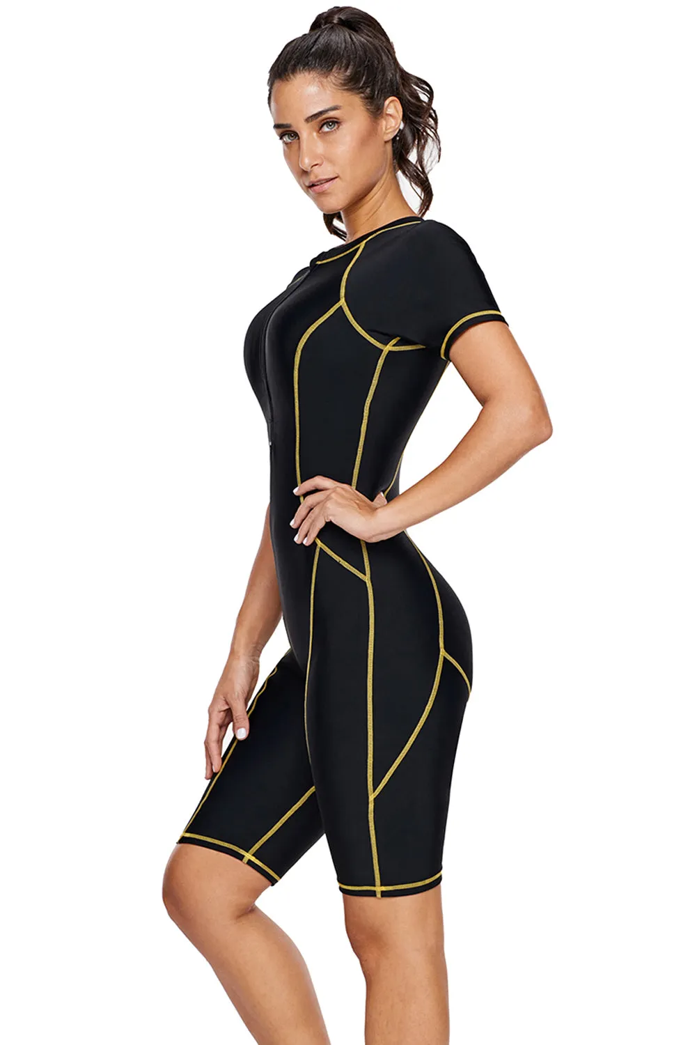 Black Seam Contoured Zip Front Short Sleeve One Piece Wetsuit