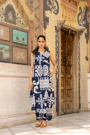 Blue Ethnic Printed Belgium Linen Co-Ord Set