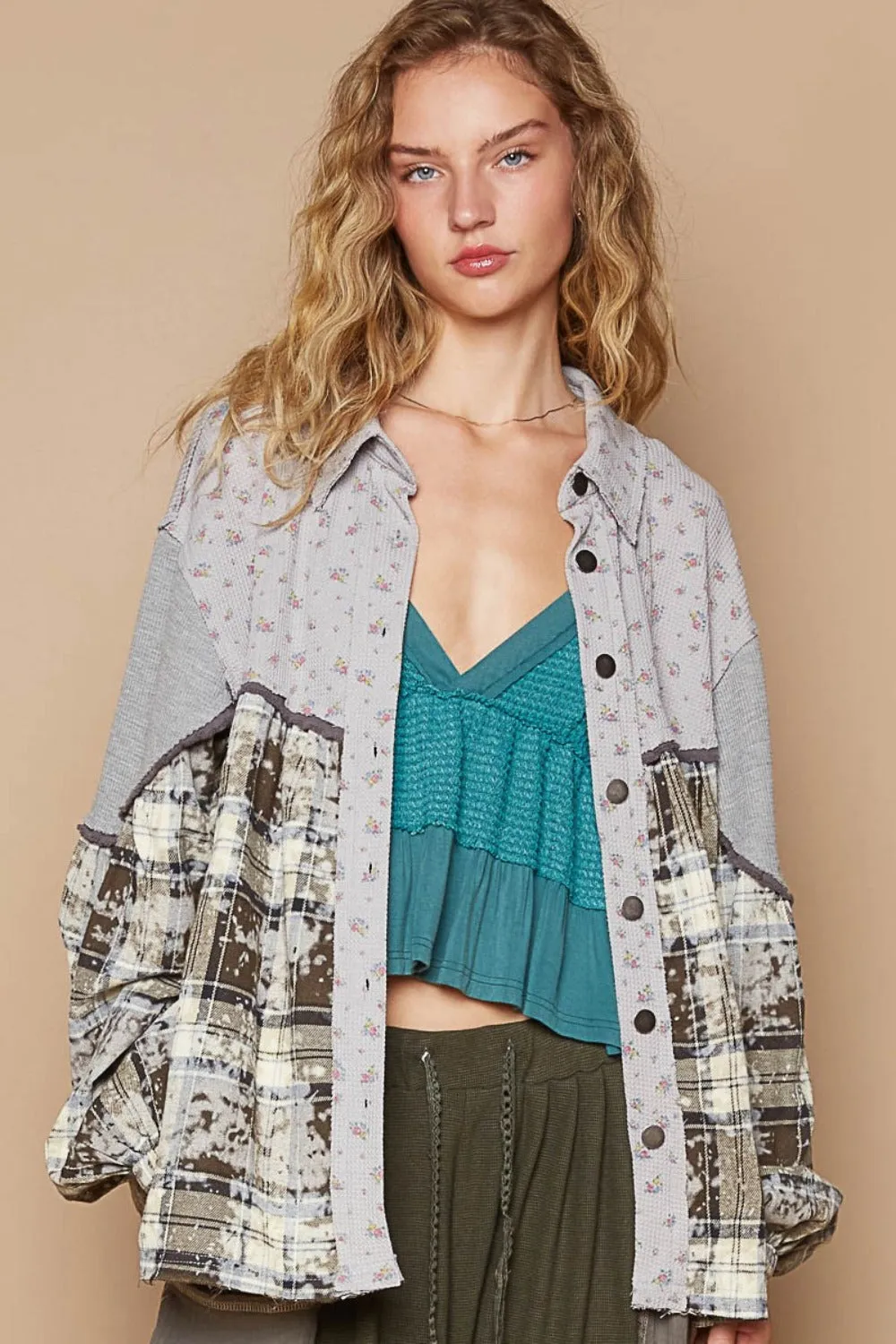 Bohemian Balloon Sleeve Floral Color Block Plaid Shirt