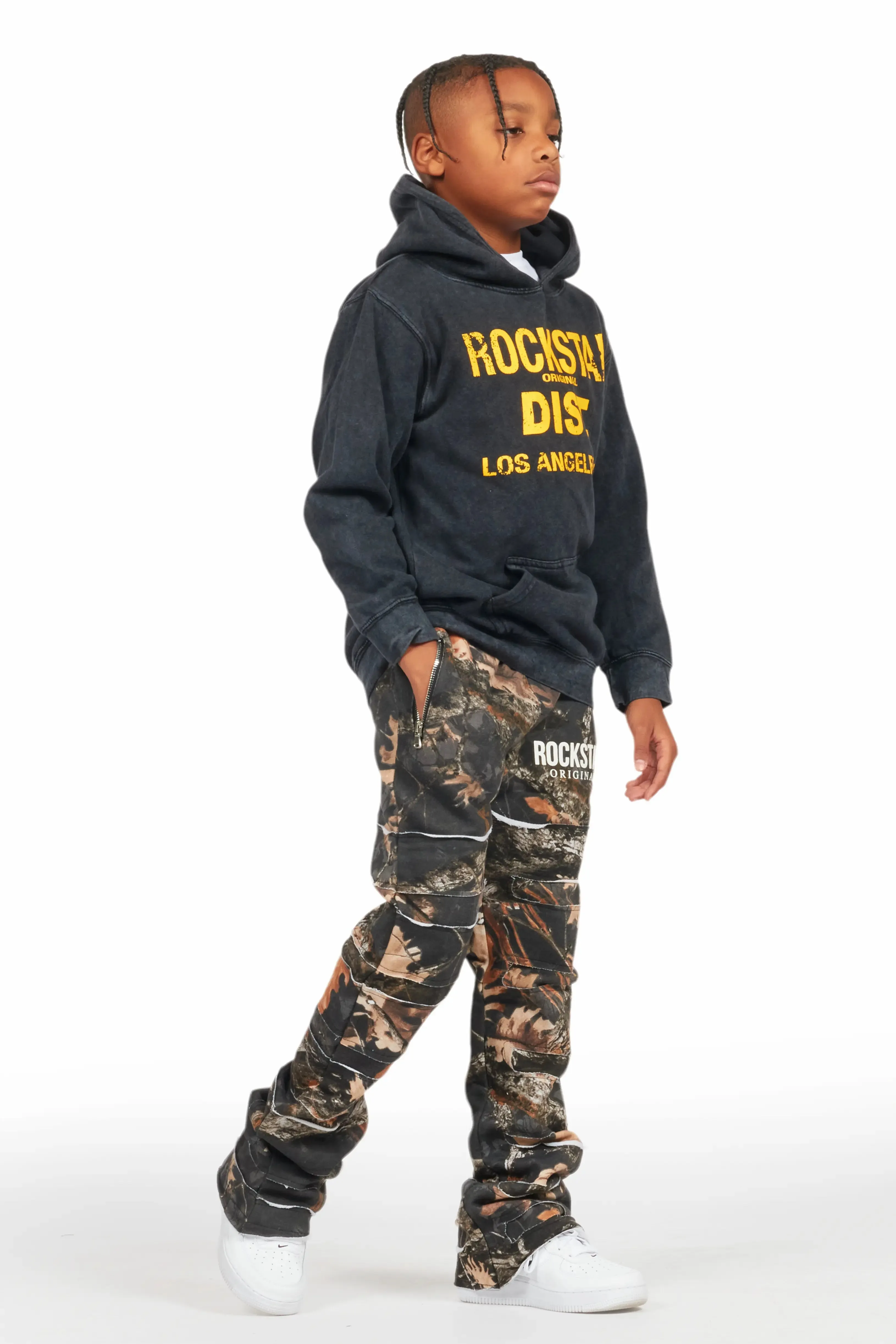 Boys Emilio Black Tree Camo Stacked Flare Track Pant