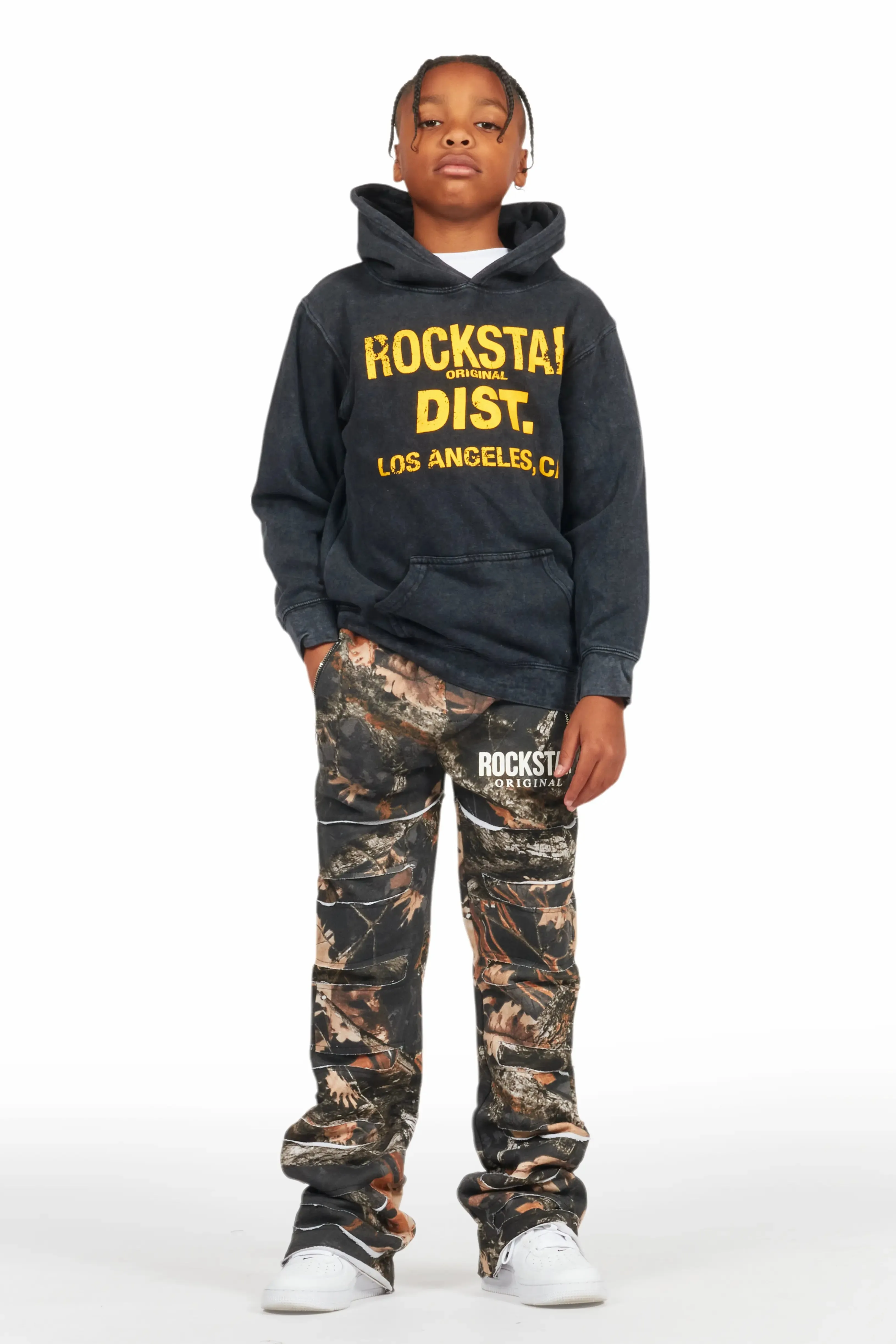 Boys Emilio Black Tree Camo Stacked Flare Track Pant