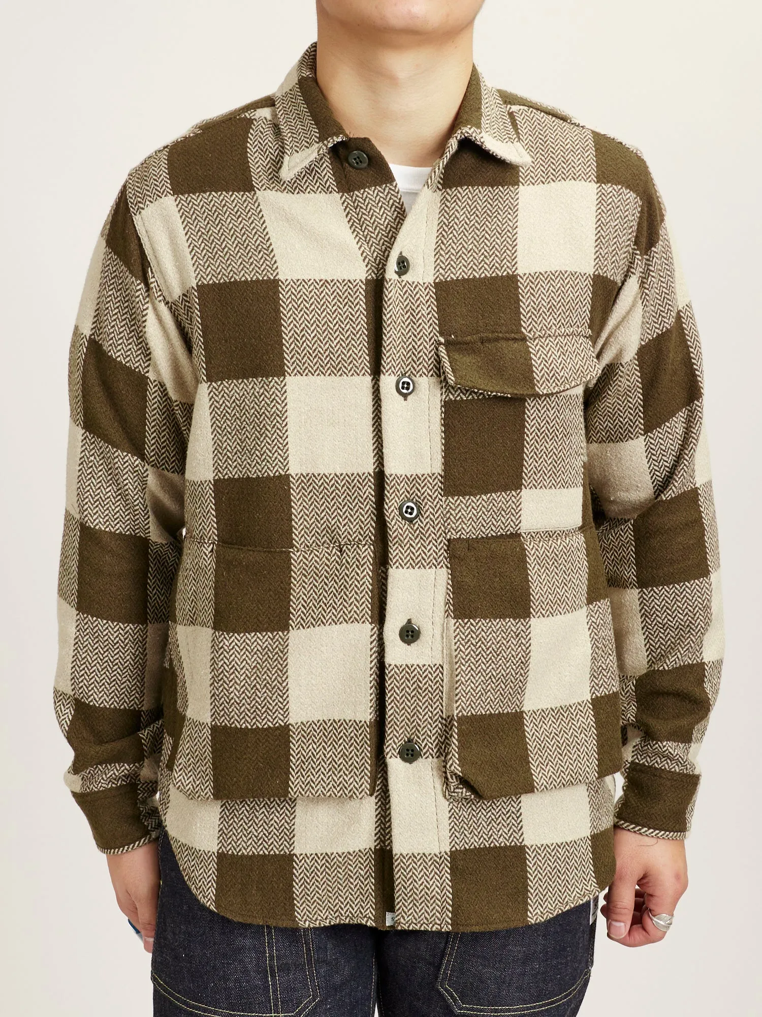 Digs Crew Half Shirt in Olive Herringbone Check