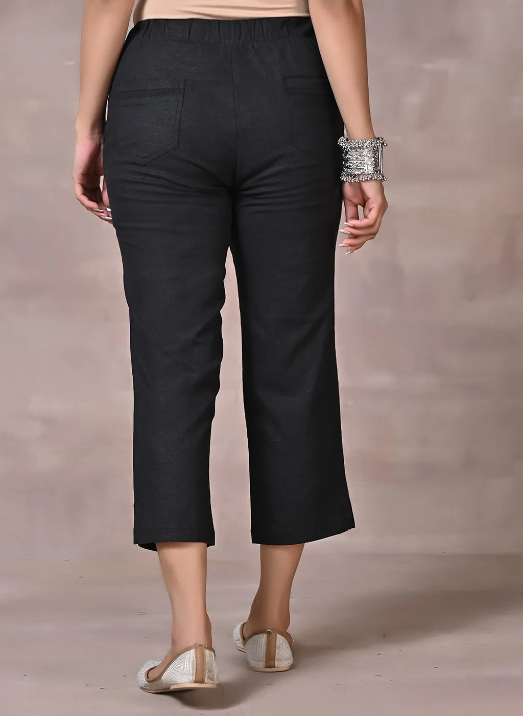 Falak Black Cotton Linen Relaxed Fit Pants for Women