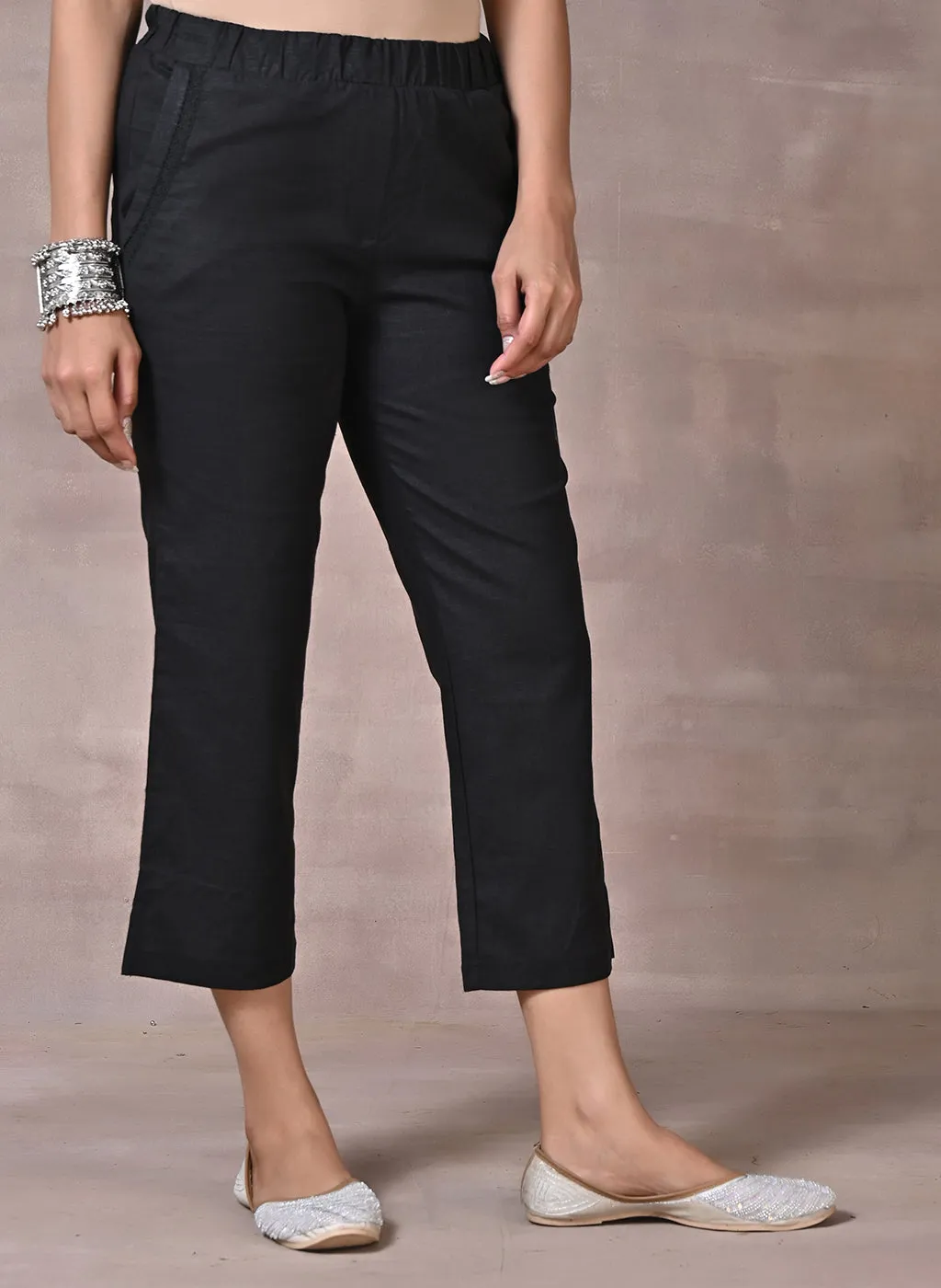 Falak Black Cotton Linen Relaxed Fit Pants for Women