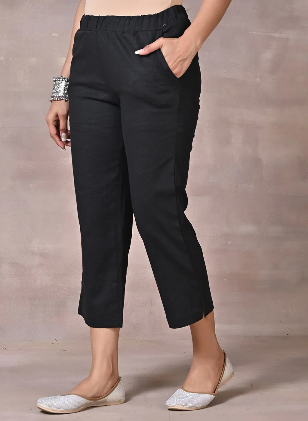 Falak Black Cotton Linen Relaxed Fit Pants for Women