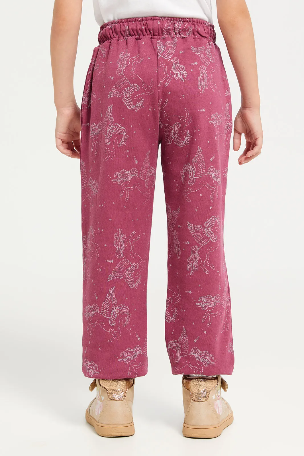 Girls Burgundy Printed Track Pants