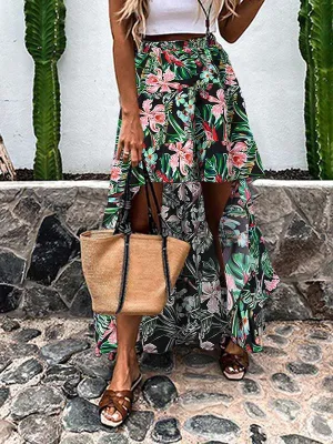 JuliaFashion - 2024 Summer Ruffles Printed Maxi Sundress Oversized Bohemian Skirts