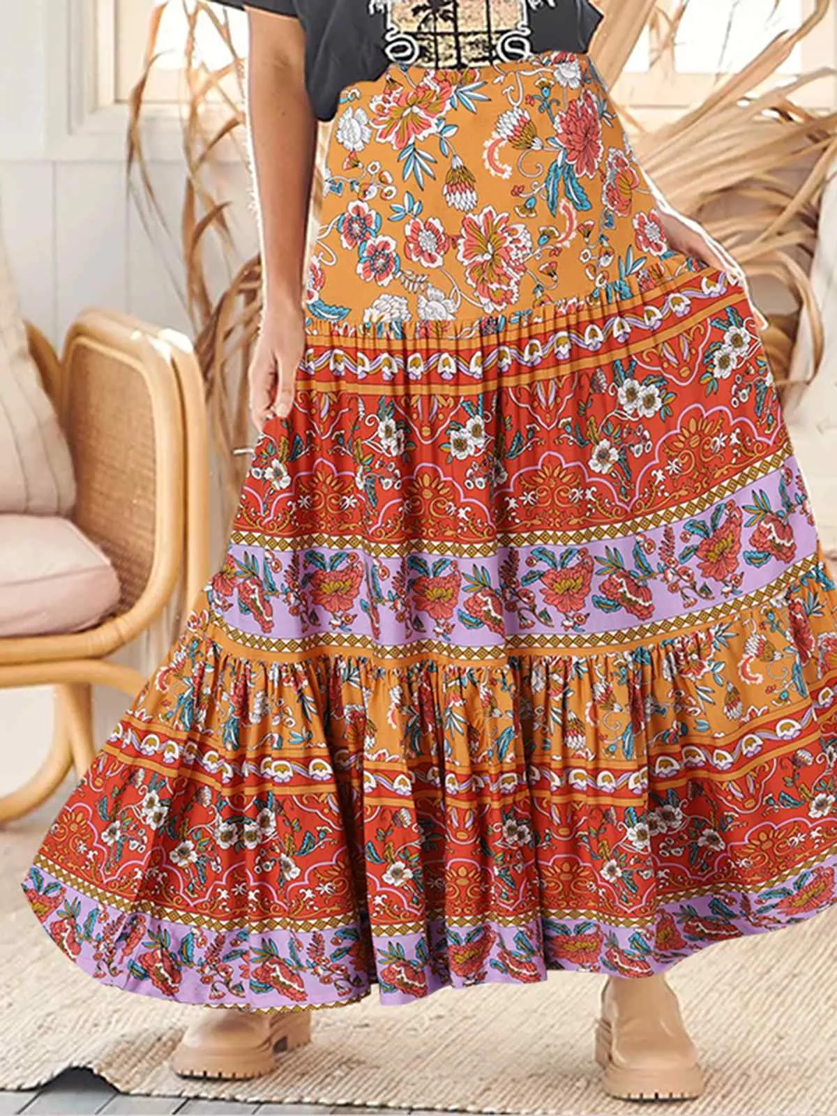 JuliaFashion - 2024 Women Stithing Pleats Long Skirt Bohemian Maxi Skirts