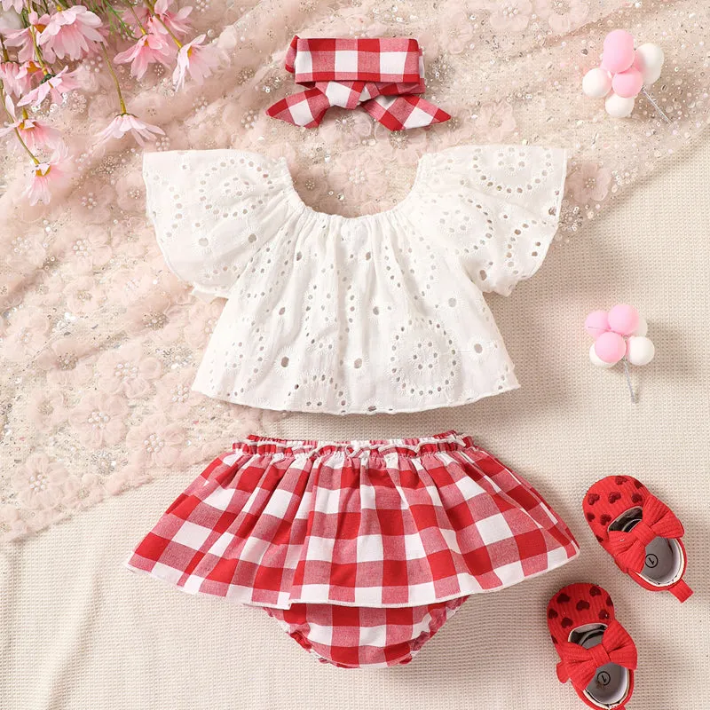 Little Baby Girl Bohemian Eyelet Lace Round Neck Top and Plaid Skort Set