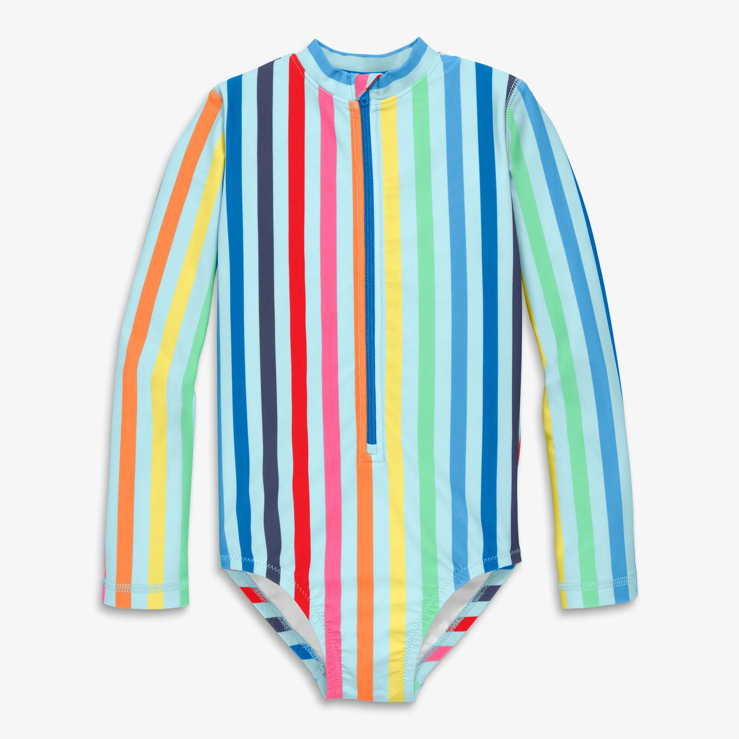 Long sleeve one-piece rash guard in rainbow sky stripe