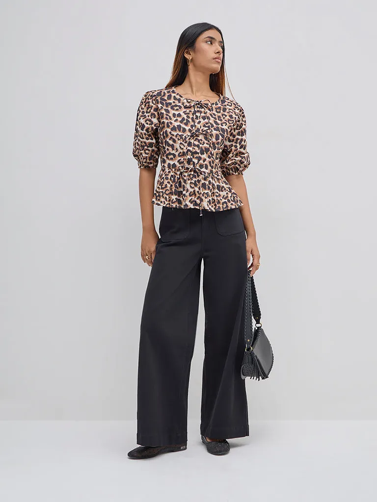 LOV Brown Leopard Printed Cotton Peplum Top