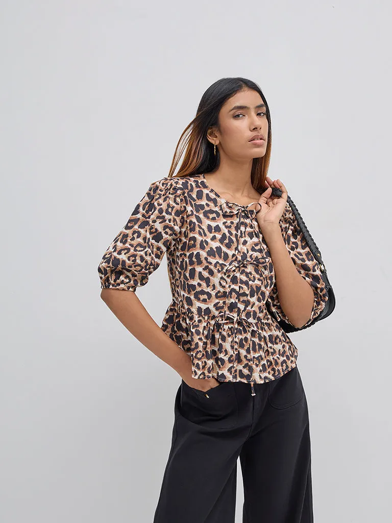 LOV Brown Leopard Printed Cotton Peplum Top