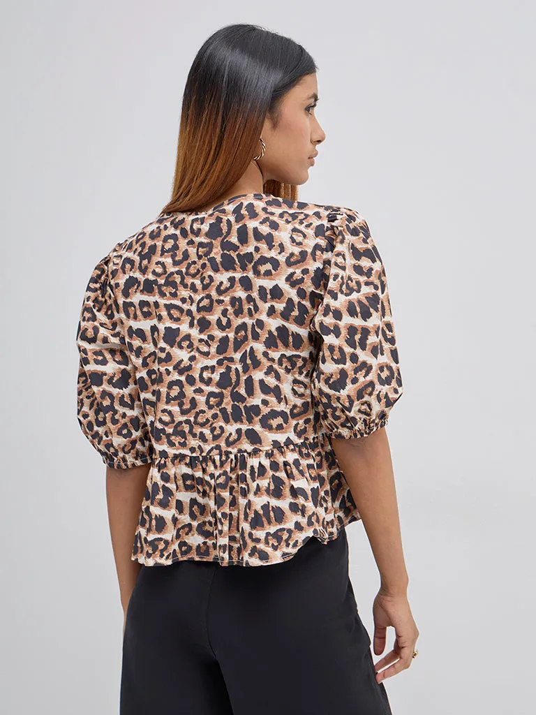 LOV Brown Leopard Printed Cotton Peplum Top