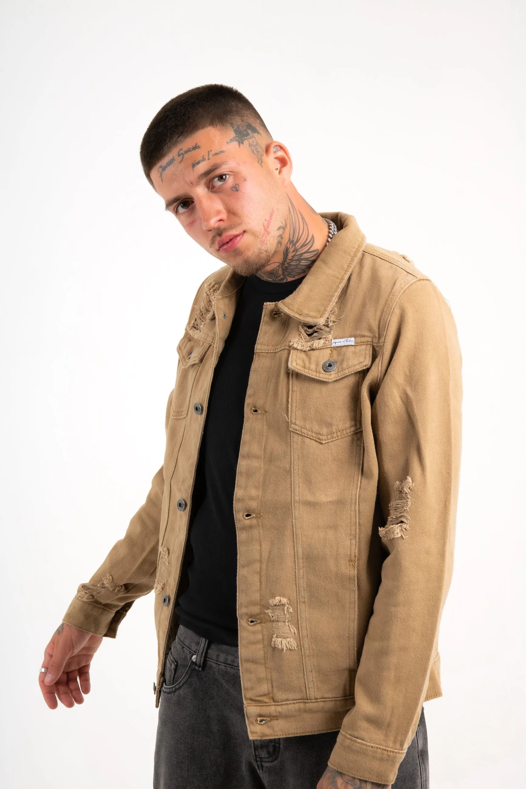 Norton Denim Jacket In Tan With Distressing