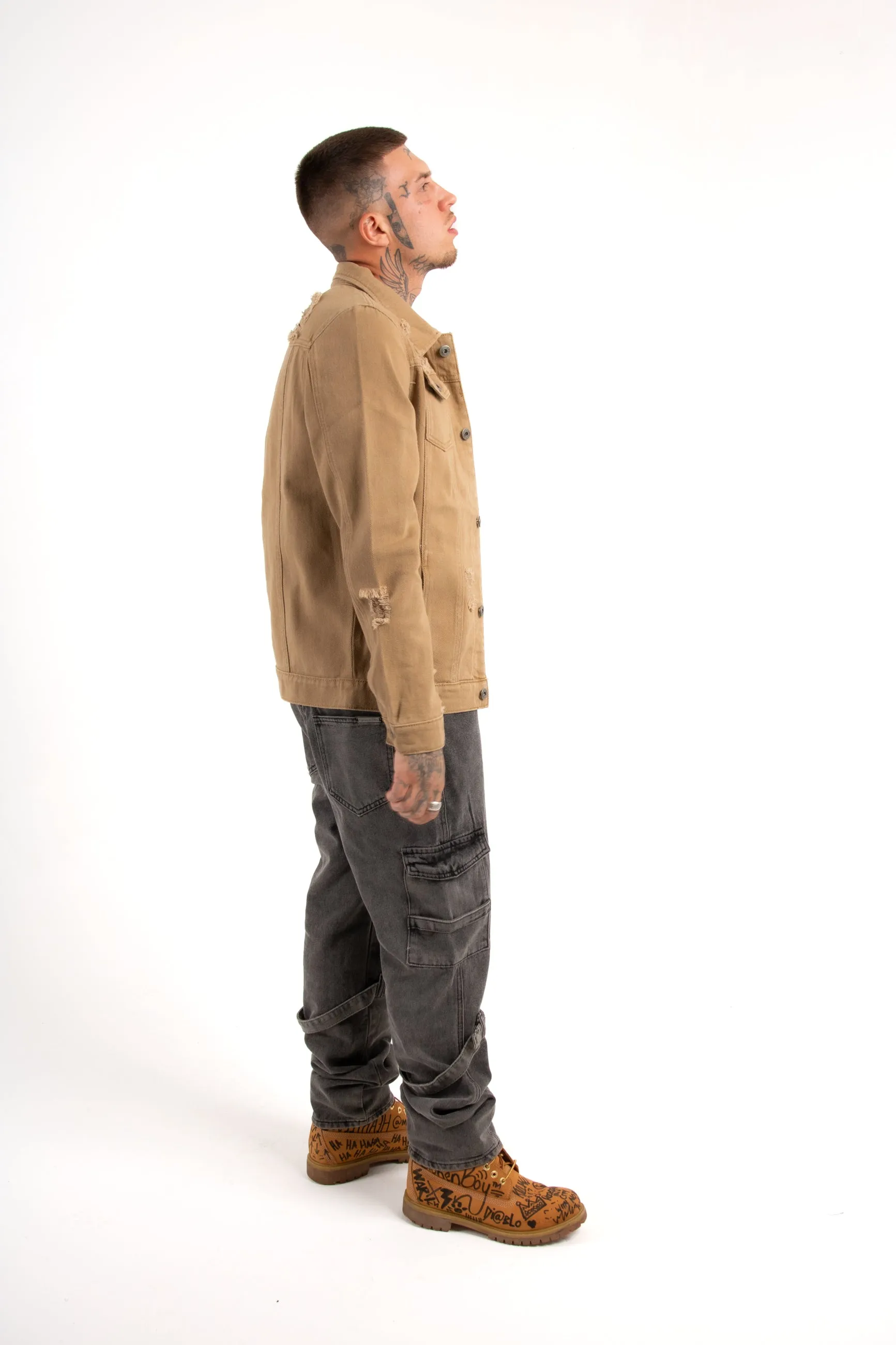 Norton Denim Jacket In Tan With Distressing