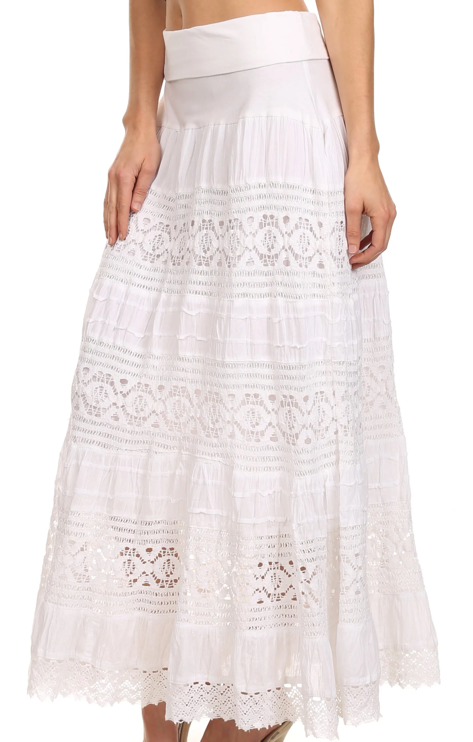 Sakkas Gracie Crochet Lace Tiered Long Cotton Skirt with Fold-Over Waistband