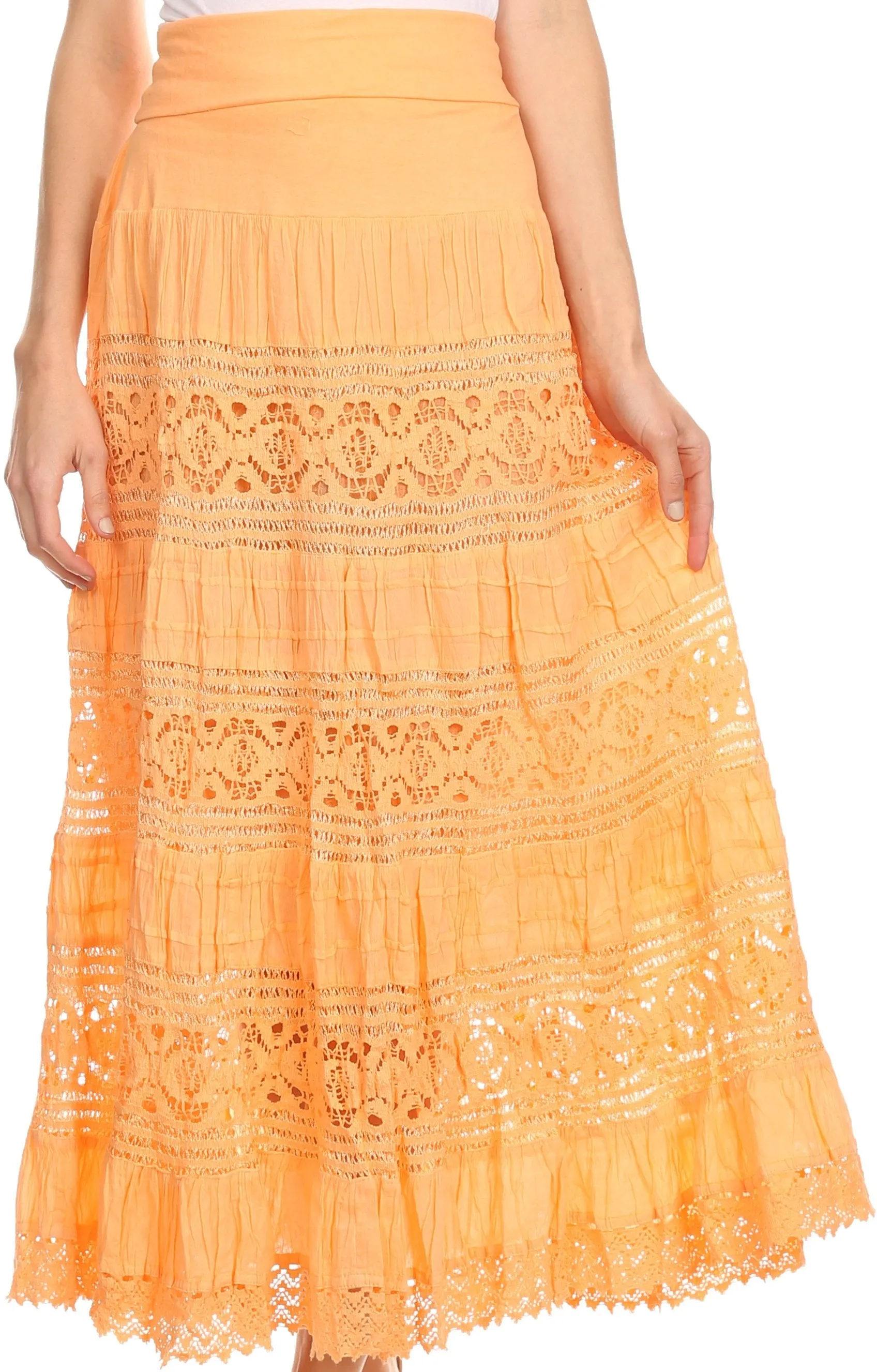 Sakkas Gracie Crochet Lace Tiered Long Cotton Skirt with Fold-Over Waistband