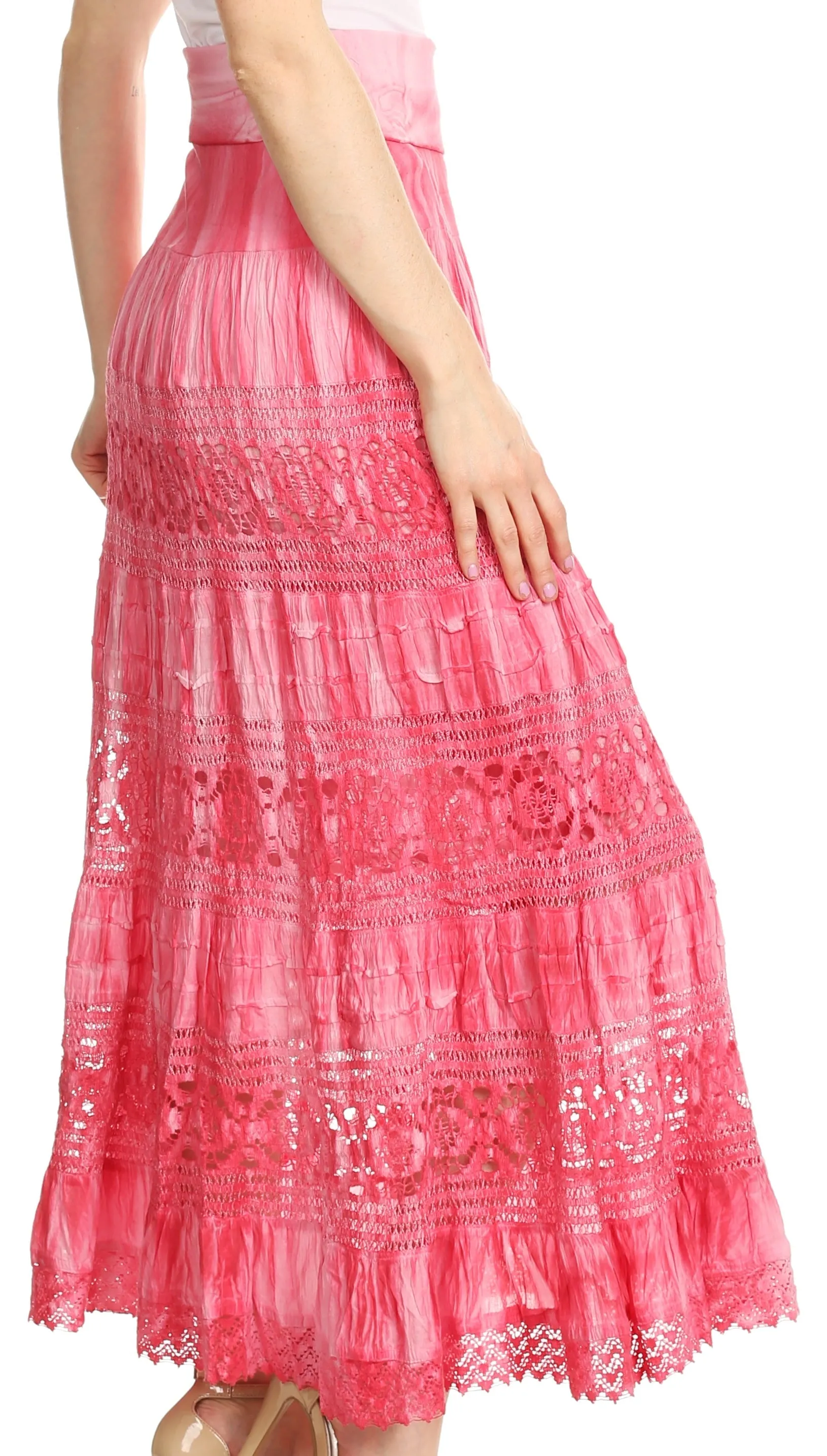 Sakkas Gracie Crochet Lace Tiered Long Cotton Skirt with Fold-Over Waistband