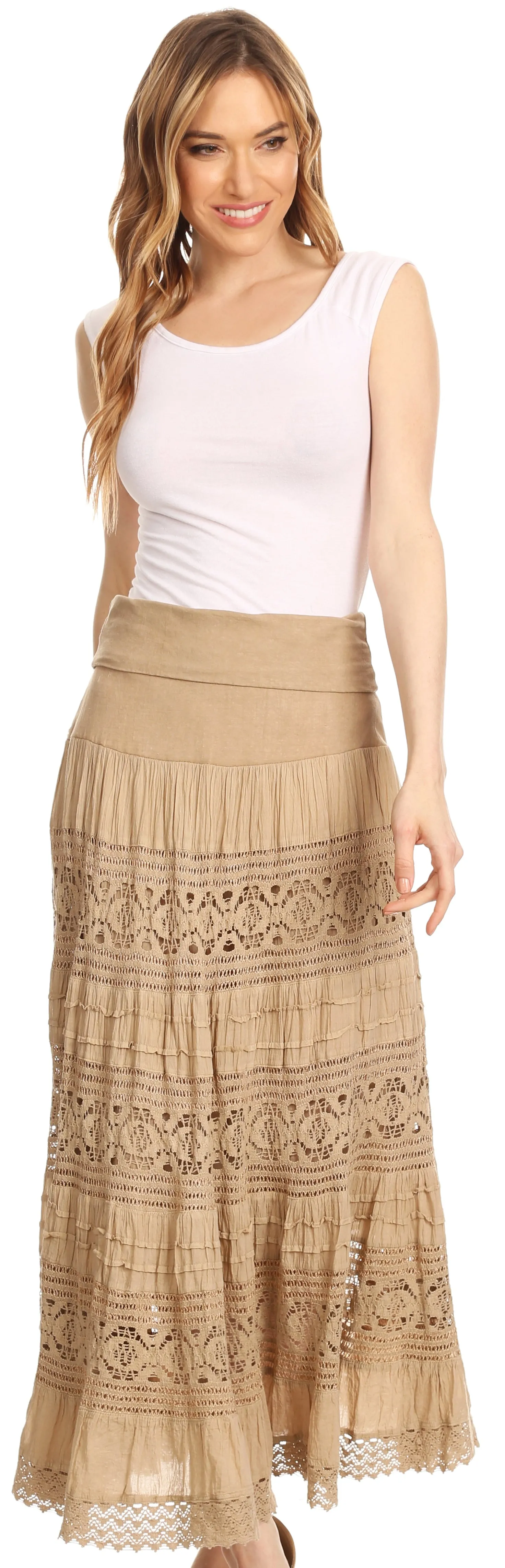 Sakkas Gracie Crochet Lace Tiered Long Cotton Skirt with Fold-Over Waistband