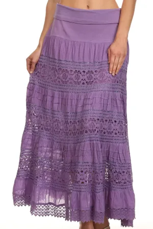 Sakkas Gracie Crochet Lace Tiered Long Cotton Skirt with Fold-Over Waistband