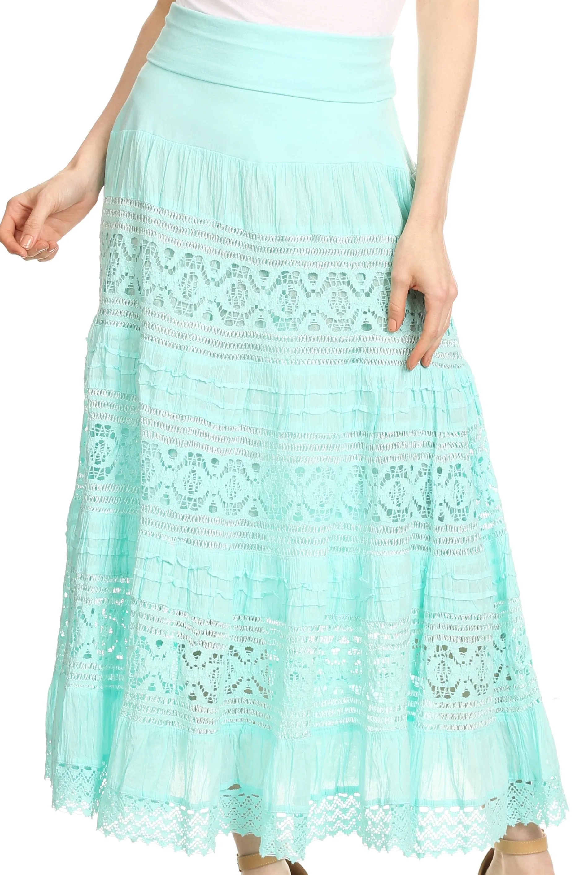 Sakkas Gracie Crochet Lace Tiered Long Cotton Skirt with Fold-Over Waistband