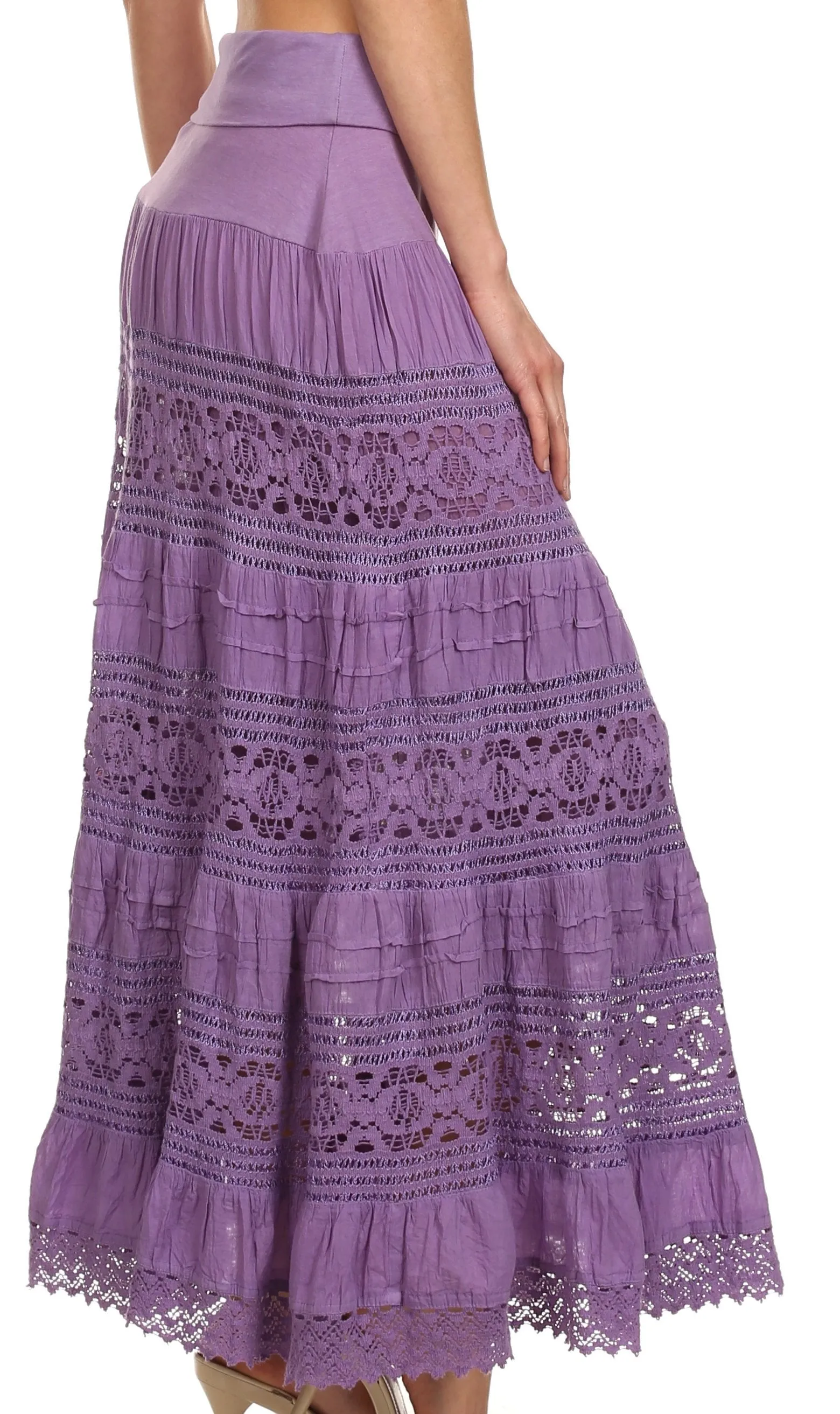 Sakkas Gracie Crochet Lace Tiered Long Cotton Skirt with Fold-Over Waistband