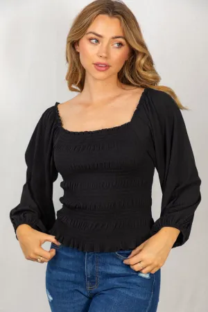 Smocked & Ribbed Top, Black