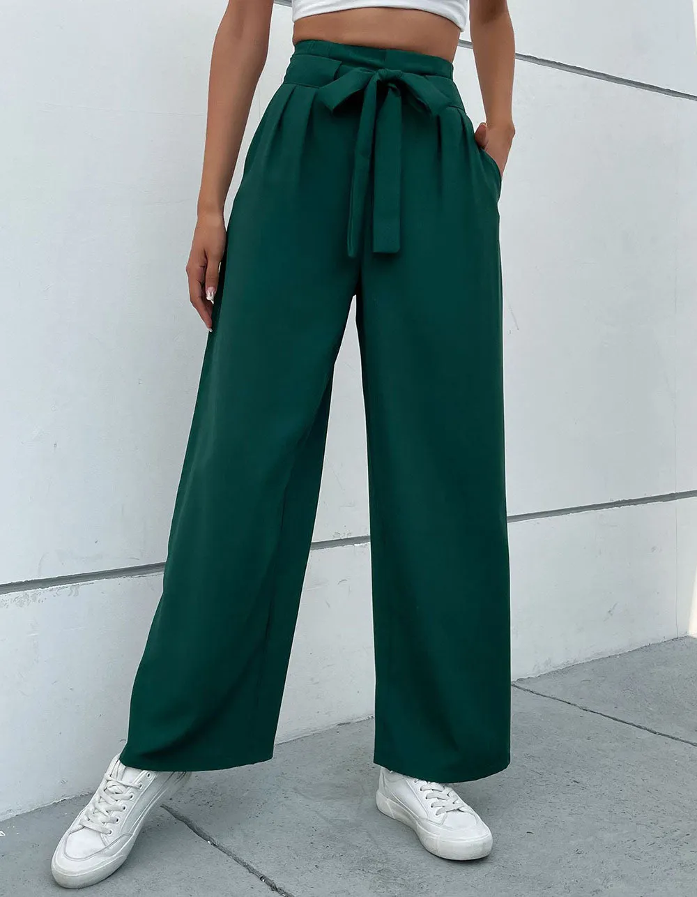 Solid-color Belted Pocket OL Wide-Leg Pants