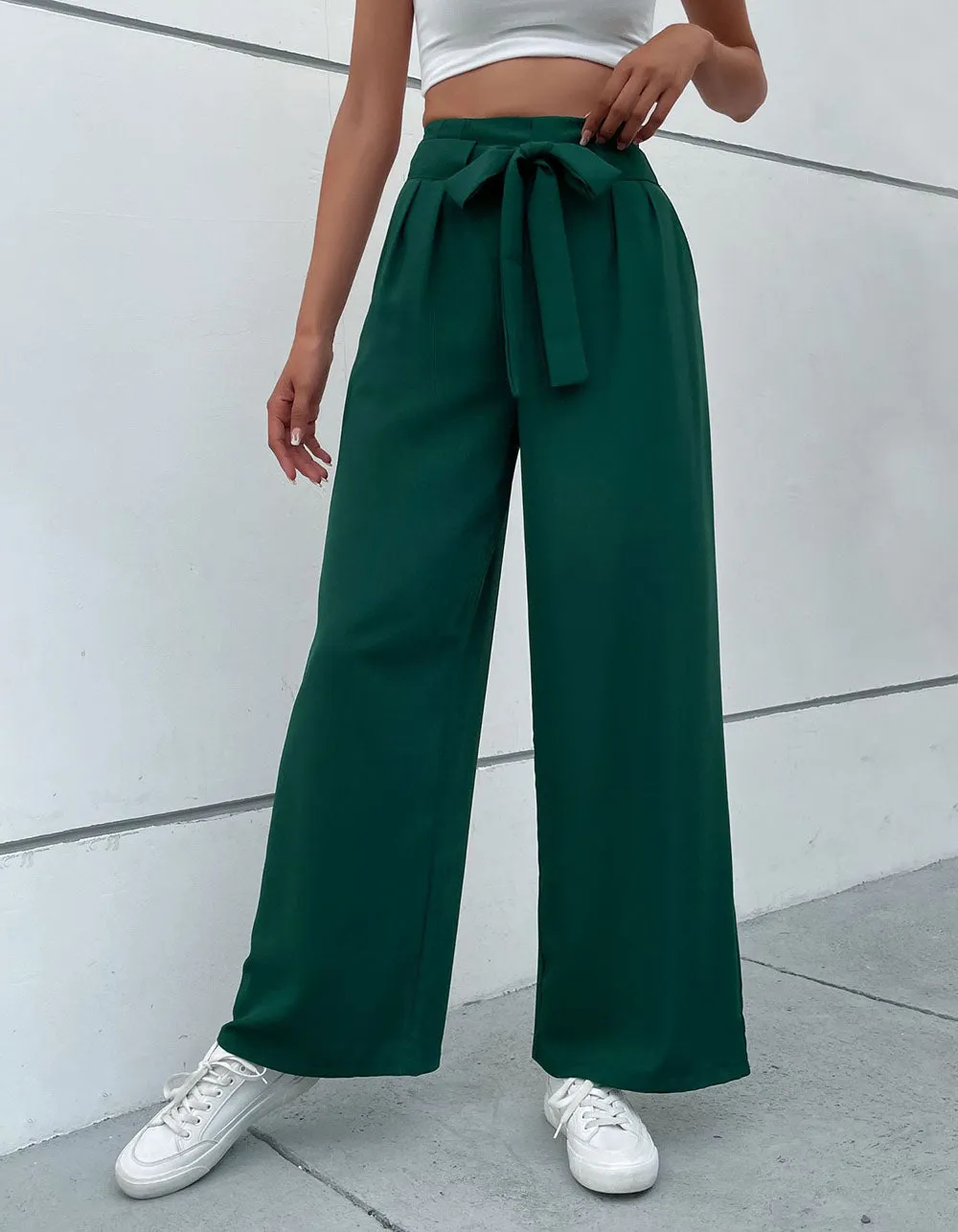 Solid-color Belted Pocket OL Wide-Leg Pants