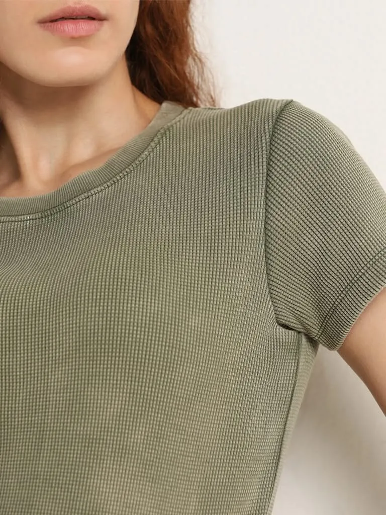 Studiofit Olive Waffle Textured Cotton T-Shirt