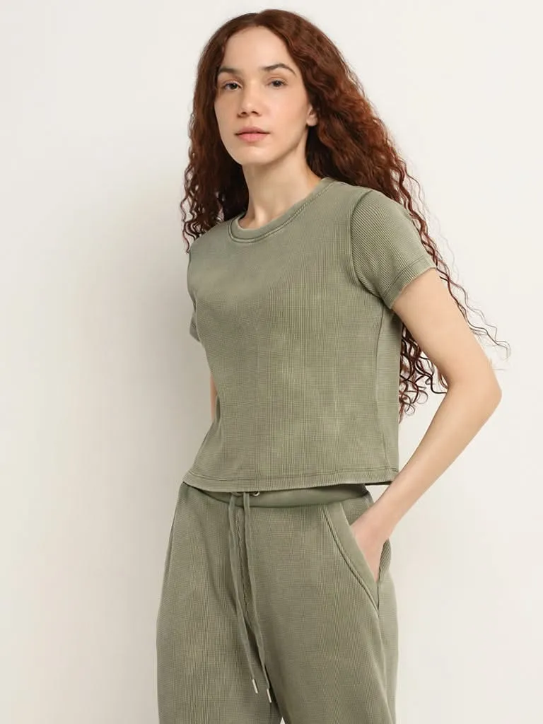 Studiofit Olive Waffle Textured Cotton T-Shirt