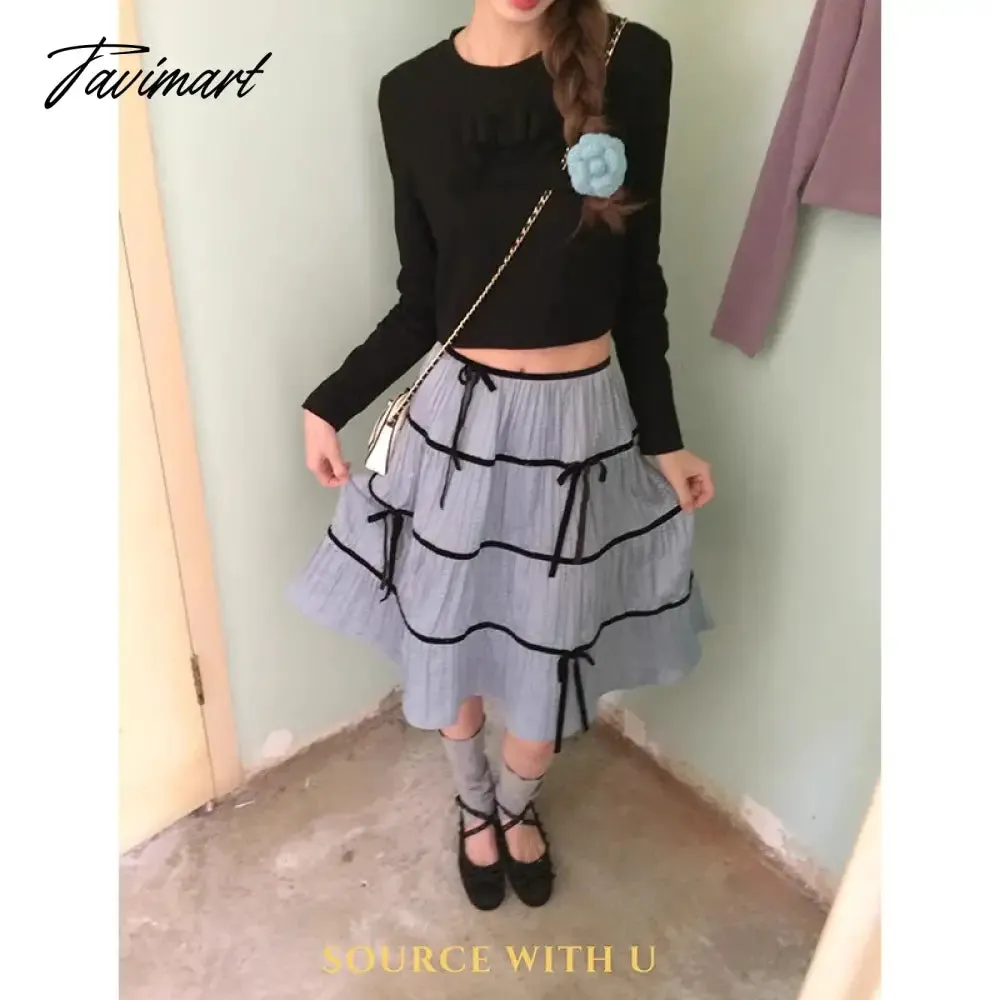 TAVIMART  -   Women Long Skirts Solid Color Bow Elastic Waist Ruffle Pleated Irregular Skirt Summer Fall Bohemian Y2K Aesthetic Retro Skirts