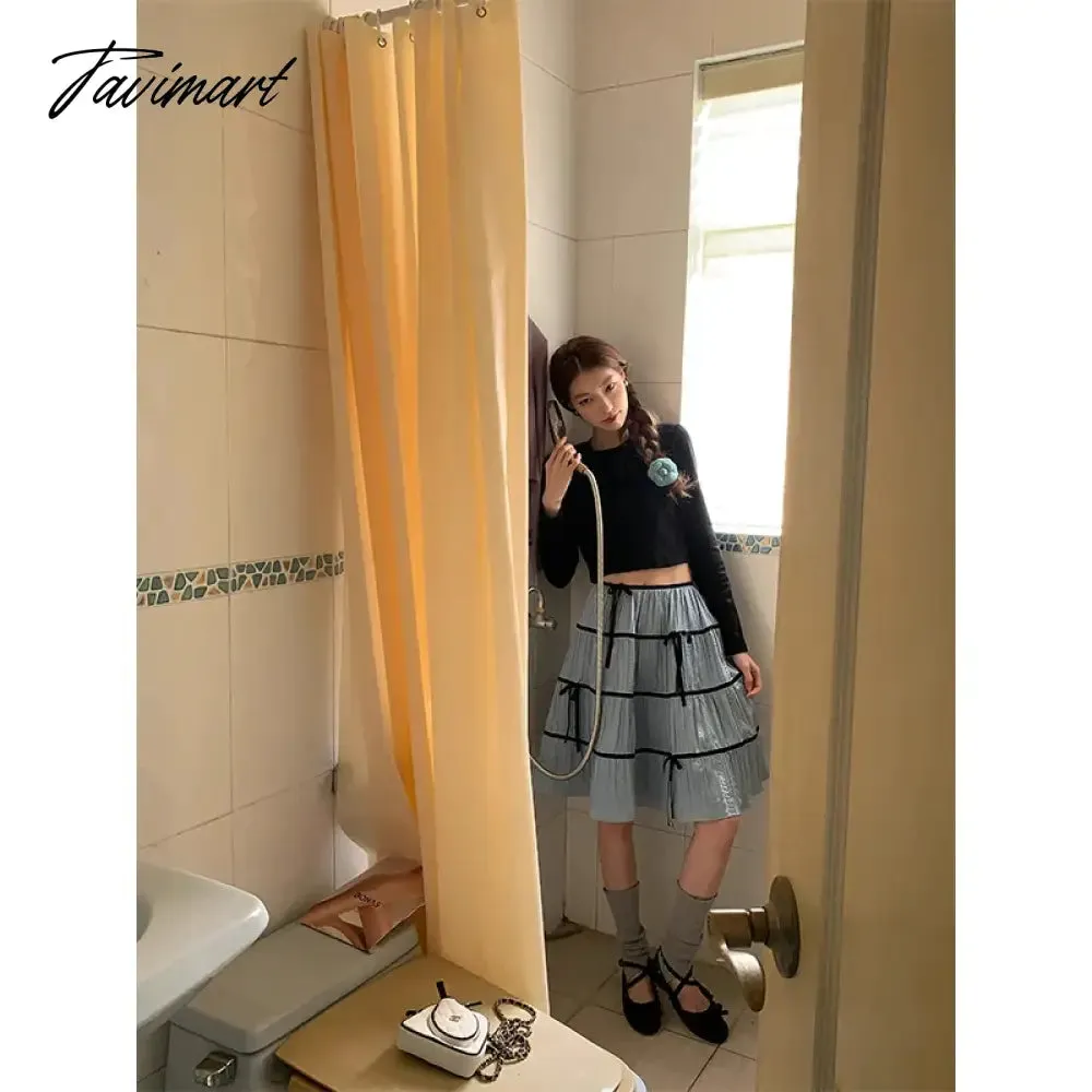 TAVIMART  -   Women Long Skirts Solid Color Bow Elastic Waist Ruffle Pleated Irregular Skirt Summer Fall Bohemian Y2K Aesthetic Retro Skirts