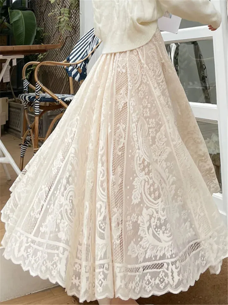 Vintage Women's Lace Crochet Umbrella Long Skirts Bohemian High Waist Hollow Out Female Maxi Skirts Spring Summer