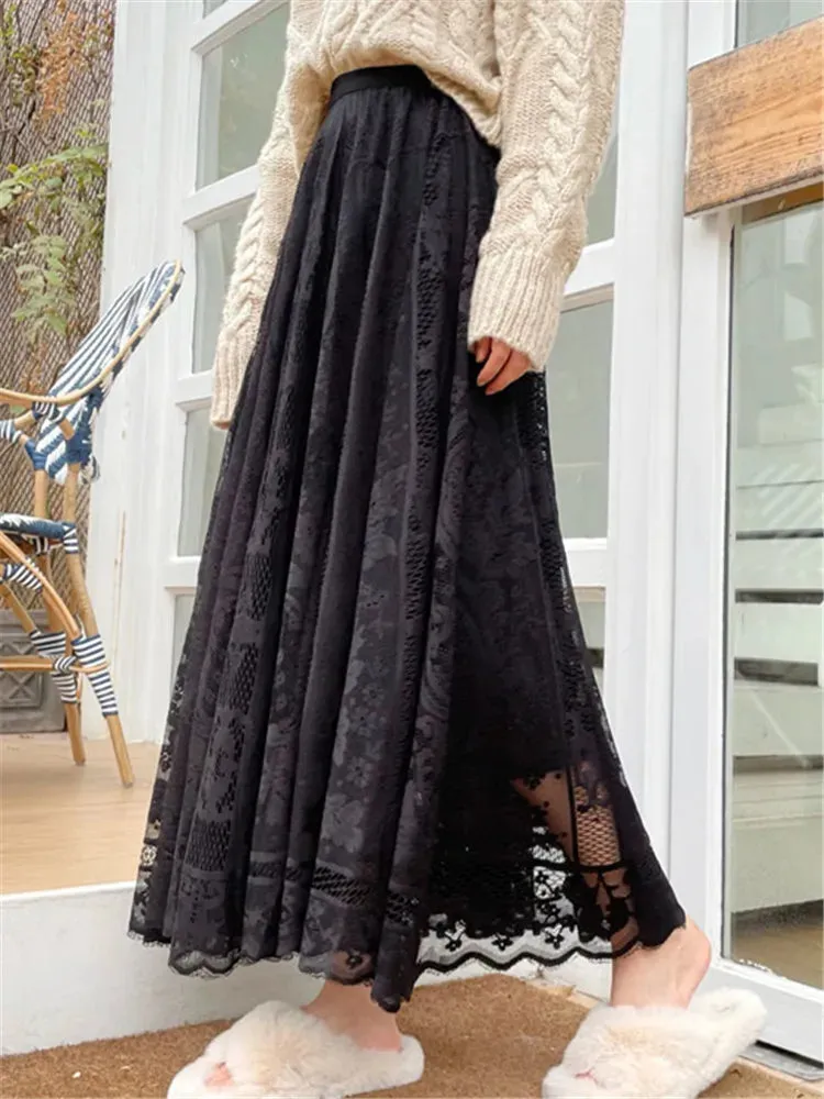 Vintage Women's Lace Crochet Umbrella Long Skirts Bohemian High Waist Hollow Out Female Maxi Skirts Spring Summer