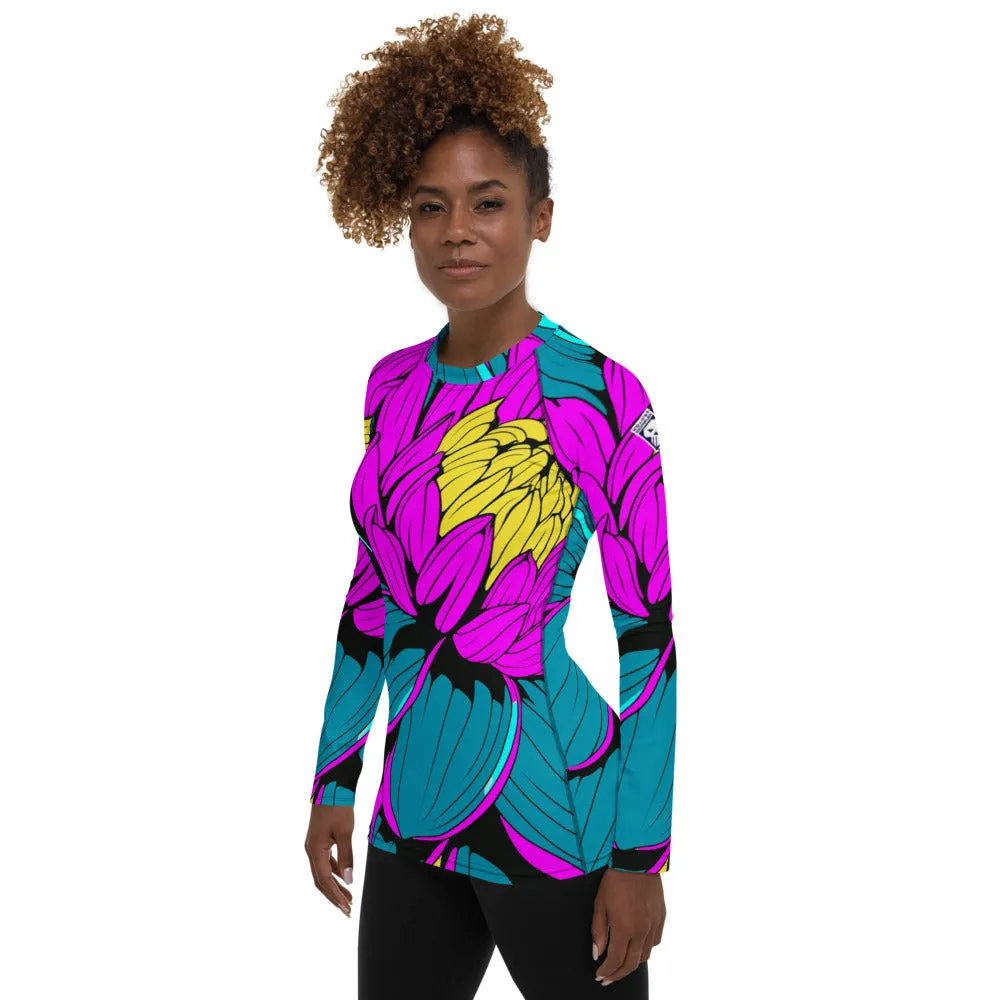 Women's Pop Art BJJ Long Sleeve Rash Guards - Roy Lichtenstein Inspired Dahlia Print 001