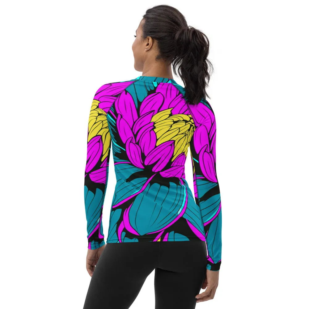 Women's Pop Art BJJ Long Sleeve Rash Guards - Roy Lichtenstein Inspired Dahlia Print 001