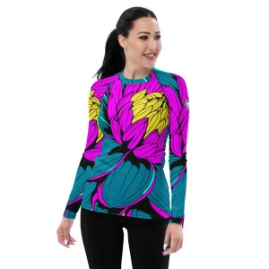 Women's Pop Art BJJ Long Sleeve Rash Guards - Roy Lichtenstein Inspired Dahlia Print 001