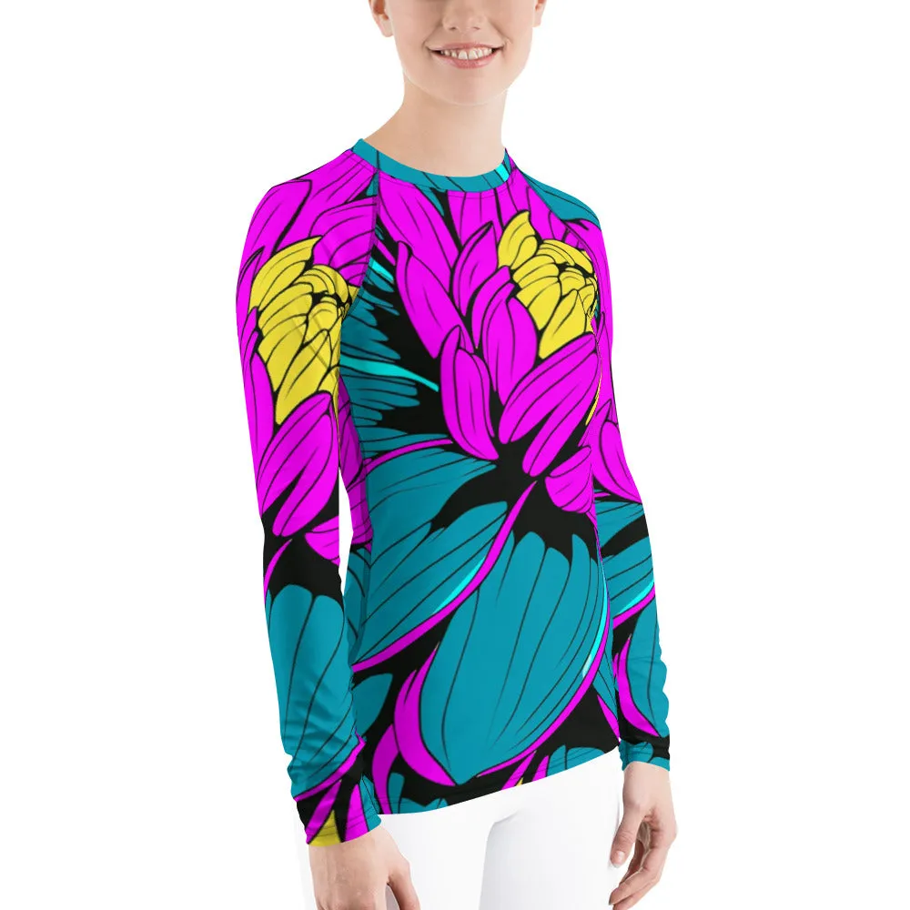 Women's Pop Art BJJ Long Sleeve Rash Guards - Roy Lichtenstein Inspired Dahlia Print 001