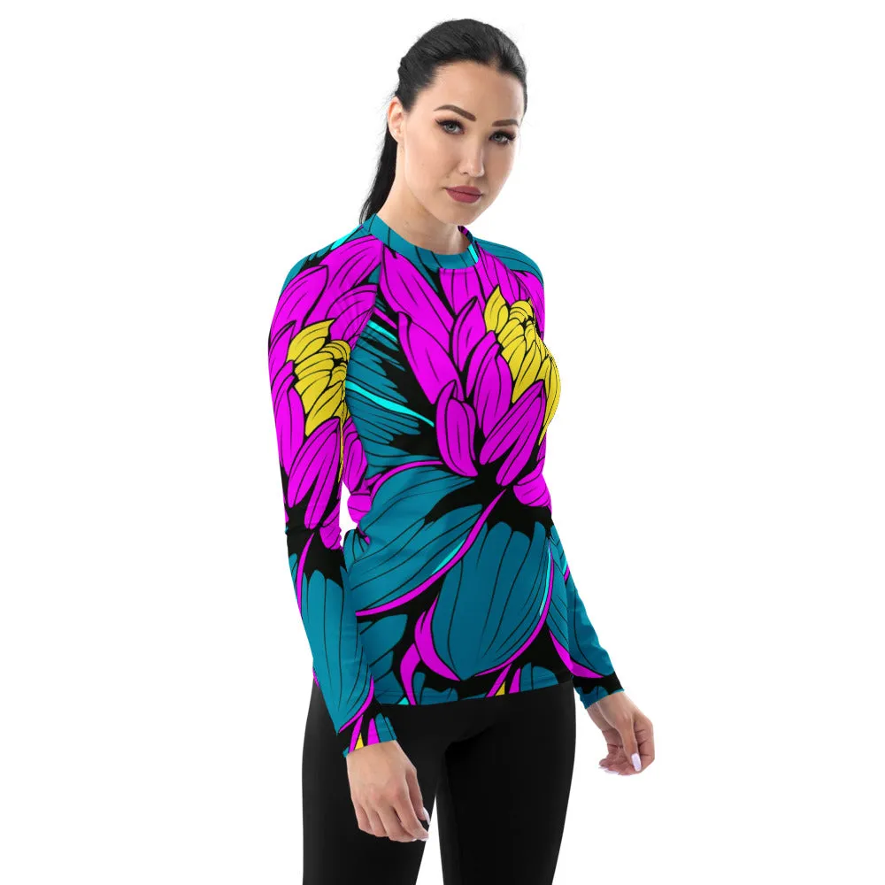 Women's Pop Art BJJ Long Sleeve Rash Guards - Roy Lichtenstein Inspired Dahlia Print 001