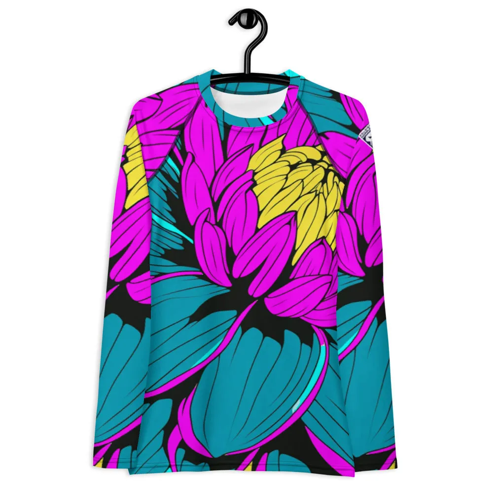 Women's Pop Art BJJ Long Sleeve Rash Guards - Roy Lichtenstein Inspired Dahlia Print 001