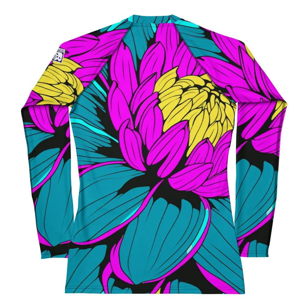 Women's Pop Art BJJ Long Sleeve Rash Guards - Roy Lichtenstein Inspired Dahlia Print 001