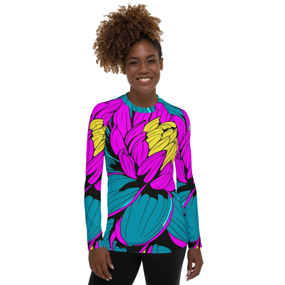 Women's Pop Art BJJ Long Sleeve Rash Guards - Roy Lichtenstein Inspired Dahlia Print 001