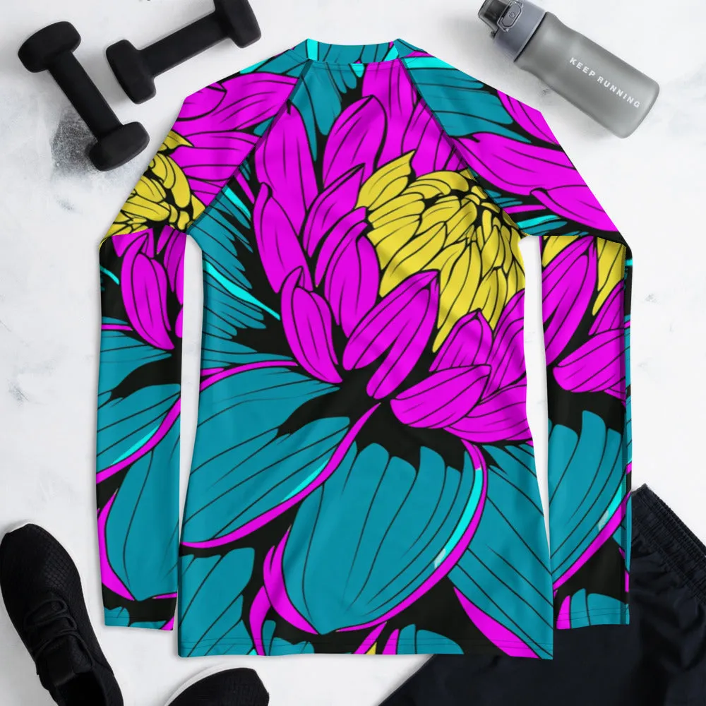 Women's Pop Art BJJ Long Sleeve Rash Guards - Roy Lichtenstein Inspired Dahlia Print 001