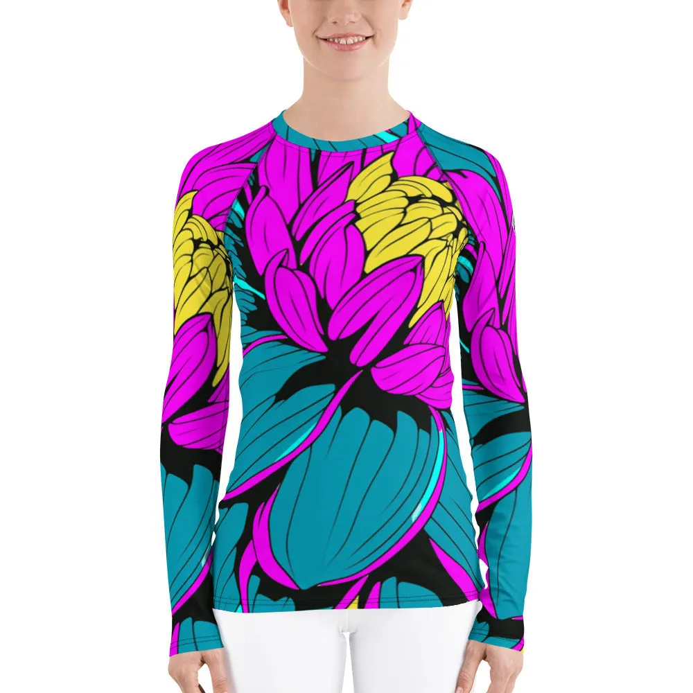 Women's Pop Art BJJ Long Sleeve Rash Guards - Roy Lichtenstein Inspired Dahlia Print 001